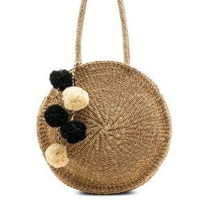 Kayu Sienne Woven Straw Round Tote with Pom Poms Natural One Size